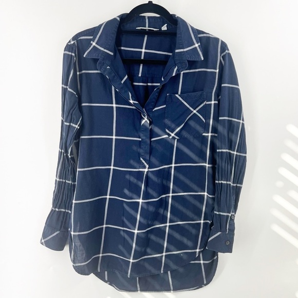 ✅ Athleta Navy Blue Plaid Presidio Button Tunic Top Casual Preppy Size Small - Picture 1 of 8